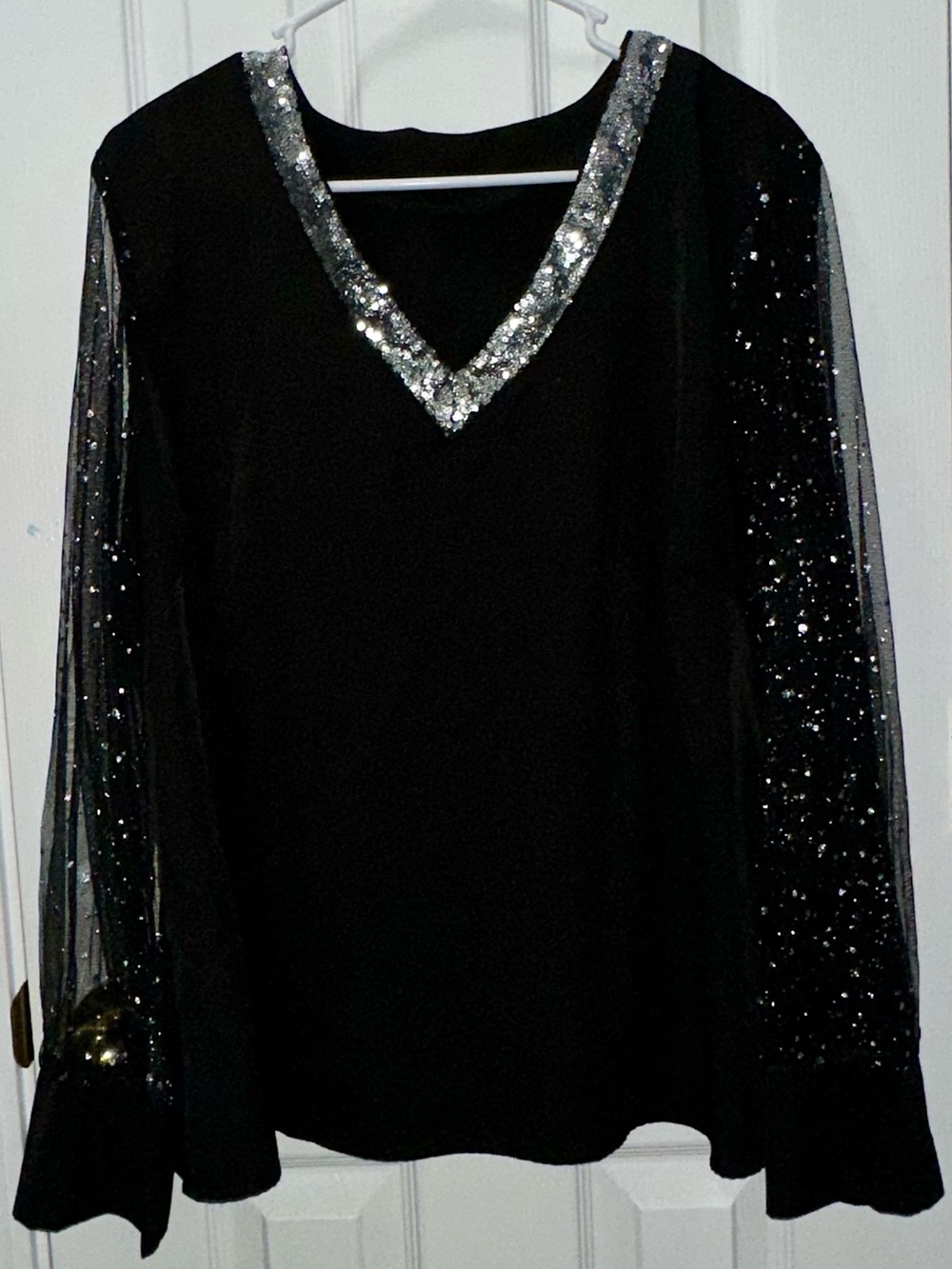 SHEIN Black V-Neck Blouse with Silver Sequin Trim and Glitter Sleeves
